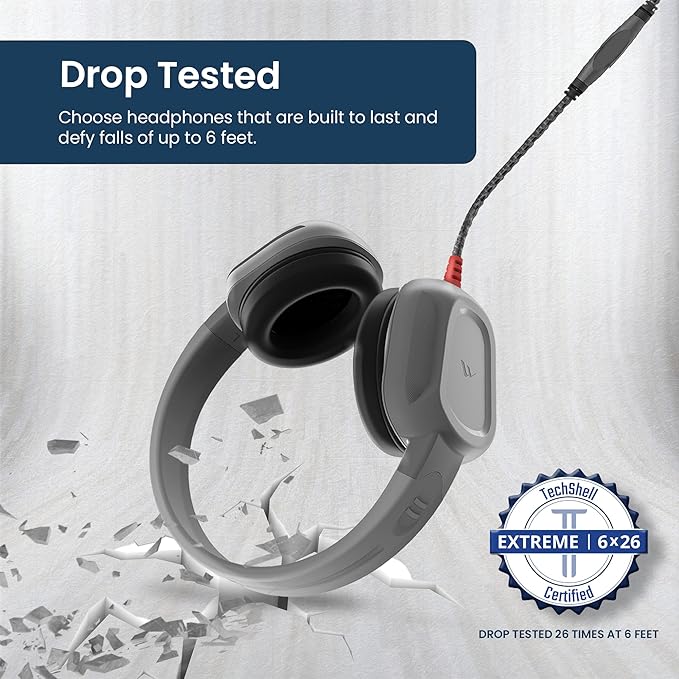 Brenthaven Wired Headphones with Mic | USB C On-Ear Rugged 2 Adjustable Headphones with Long Tangle Free Cord - Lightweight Durable & Drop Tested School Supplies for Kids & K-12 Students - Gray