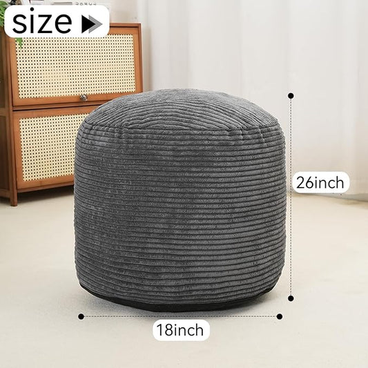 Pouf Ottoman Stuffed Round Modern Foam Filled Foot Rest Corduroy Poufs for Living Room Chair Decorative 20 X 15 Inches Fluffy Pouf Foot Stool Storage Ottoman, Dark Grey