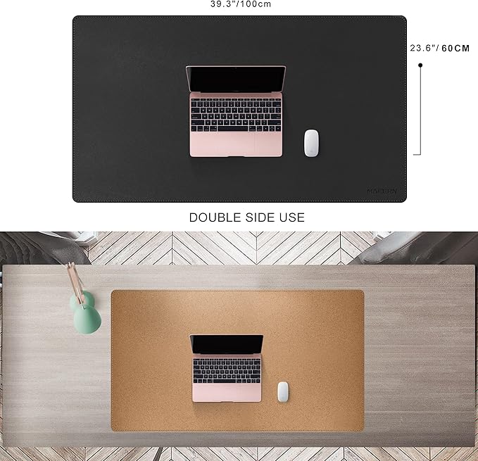 MAIDERN 40” x 24” Leather Desk Mat XL, Large Desk Pad, Reversible Cork & Leather Large Mouse pad for Desk, Waterproof Computer Desk Mat for Gaming Home Office (Black) …