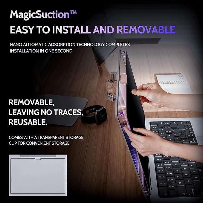 Privacy Screen for MacBook Pro 16 Inch (2021-2024, M1, M2, M3, M4), MagicSuction™ Removable Anti Spy Black Protector, Glare Blue Light Filter for Mac Laptop Computer