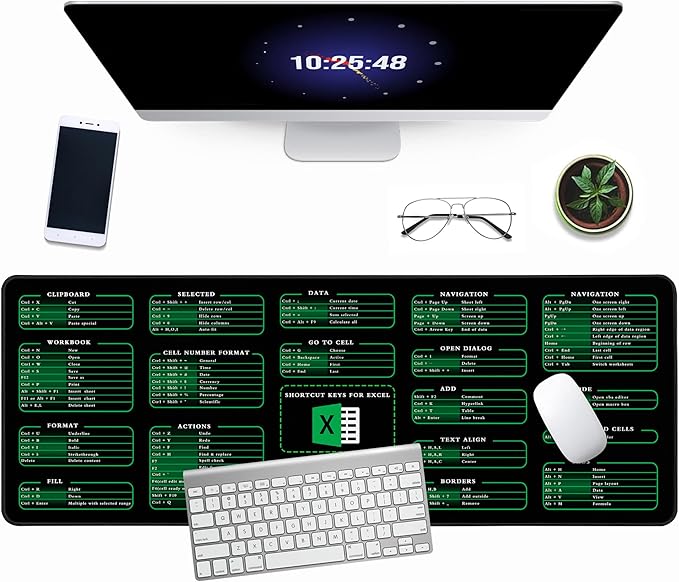 Excel Cheat Sheet Desk Pad, 31.5"x11.8", Waterproof Extra Large Excel Shortcut Mat with Stitched Edges, Anti-Slip Excel Mouse Pad for Office Desk, MS Excel/Word Shortcuts (Green Excel A)