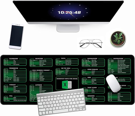 Excel Cheat Sheet Desk Pad, 31.5"x11.8", Waterproof Extra Large Excel Shortcut Mat with Stitched Edges, Anti-Slip Excel Mouse Pad for Office Desk, MS Excel/Word Shortcuts (Green Excel A)
