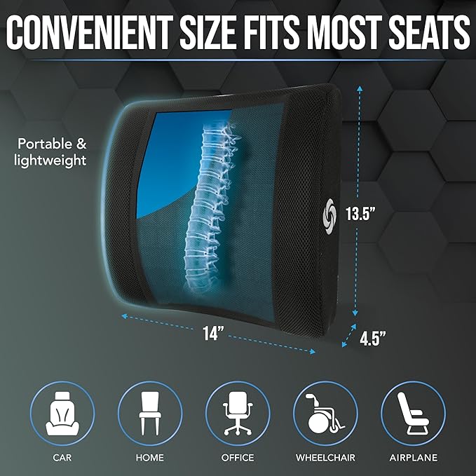 SAMSONITE, cooling gel, lumbar support pillow for office chair or car seat - boost your lower back comfort zone, high grade - memory foam, universal chair cushion, breathable mesh, washable cover