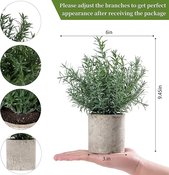 2 Pack Small Fake Plants Rosemary Potted Artificial Plants for Shelf Desk Home Kitchen Bathroom Farmhouse Room Coffee Table Decor (Green)