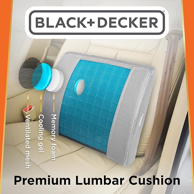 BLACK+DECKER Cooling Gel Lumbar Memory Foam Cushion – Ergonomic Back Support Travel Pillow with Ventilated Mesh, Adjustable Strap, Slow Rebound Memory Foam, Washable Cover