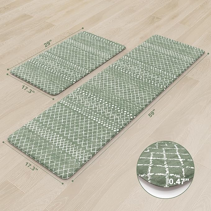 KIMODE Anti Fatigue Kitchen Mats for Floor, Boho Kitchen Rugs Sets of 2, Cushioned Kitchen Floor Mats, Comfort Standing Mat for Sink Laundry Office Desk Green 17"x59"+17"x29"