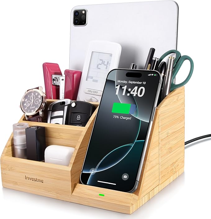 Bamboo Pen Holder with Wireless Charger, Desk Organizer with 5 Compartments for Home Office Supplies Compatible with iPhone & Samsung Series