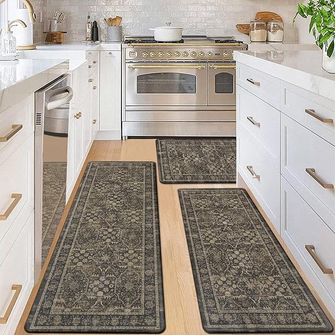 Pauwer Anti Fatigue Kitchen Mat Set of 3 Non Slip Kitchen Mats for Floor Cushioned Kitchen Rugs Comfort Standing Mat Farmhouse Waterproof PVC Foam Kitchen Floor Mat Runner, Taupe