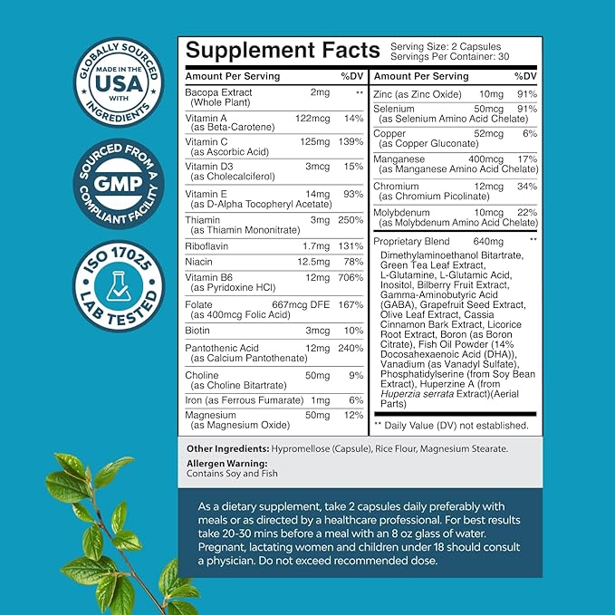Nootropic Brain Supplement for Memory and Focus Support - Vitamins for Mental Support & Clarity with Bacopa Monnieri, VIT A, B6, Riboflavin, Niacin, Thiamin & Folate - Cognitive Complex - 60 Ct