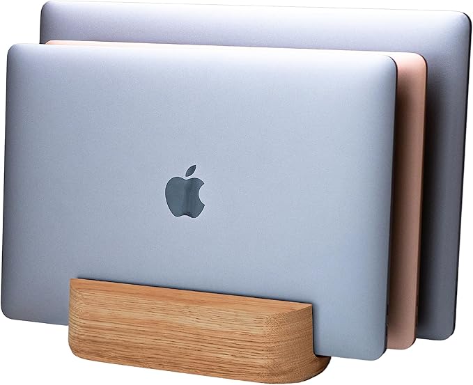 Triple Laptop Stand Vertical Laptop Holder for Desk - Vertical Laptop Stand for Desk - Laptop Holder Vertical Handmade of Natural Wood (Triple Oak)