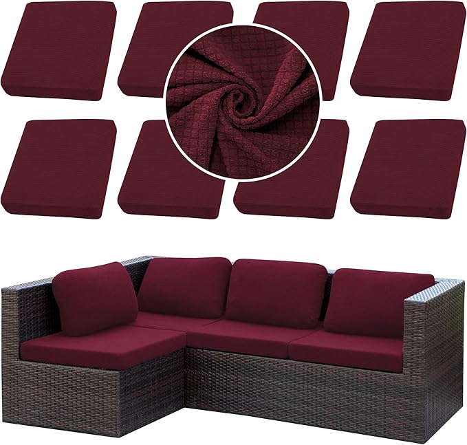 8Pcs Stretch Patio Cushion Cover Outdoor Cushion Cover Slipcovers Couch Cover Waterproof Replacement Sofa Cushion Covers Thick Jacquard Textured Twill Fabric Porch Patio Furniture Protector（Wine Red）