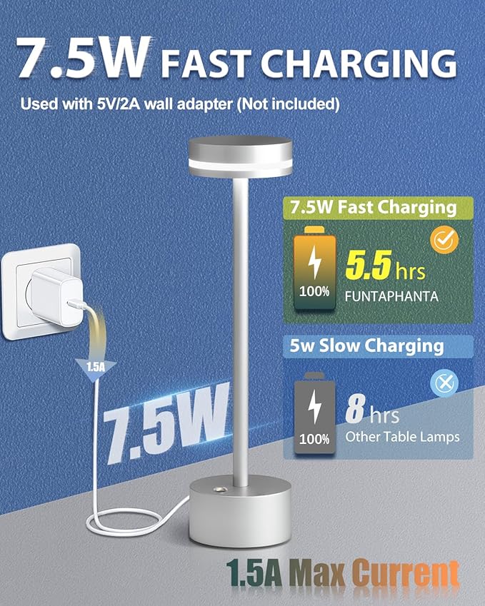 Modern Rechargeable Cordless Table Lamp, Aluminum Shell Dimmable Battery Powered Lamp, 4000mAh Certified Battery, 3000K Portable Warm White Bedside Lamp, Pack of 2 (Silver)