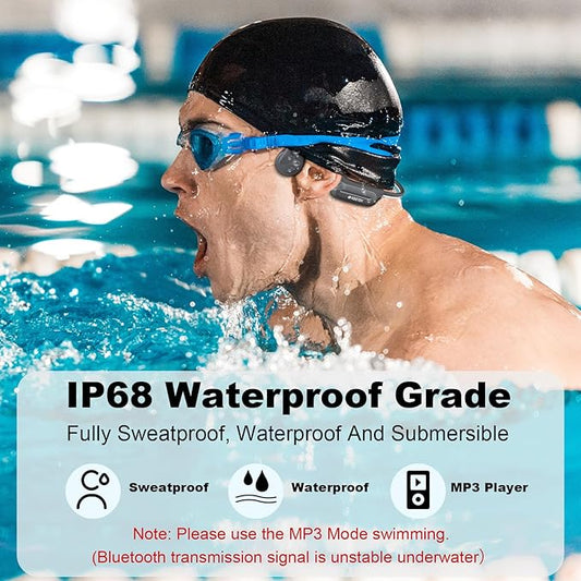 Bone Conduction Headphones Wireless Bluetooth Open Underwater Headphones with MP3-Player & IP68 Waterproof for Swimming Snorkeling Pool Running Cycling, Adjustable Fit for All Head Sizes