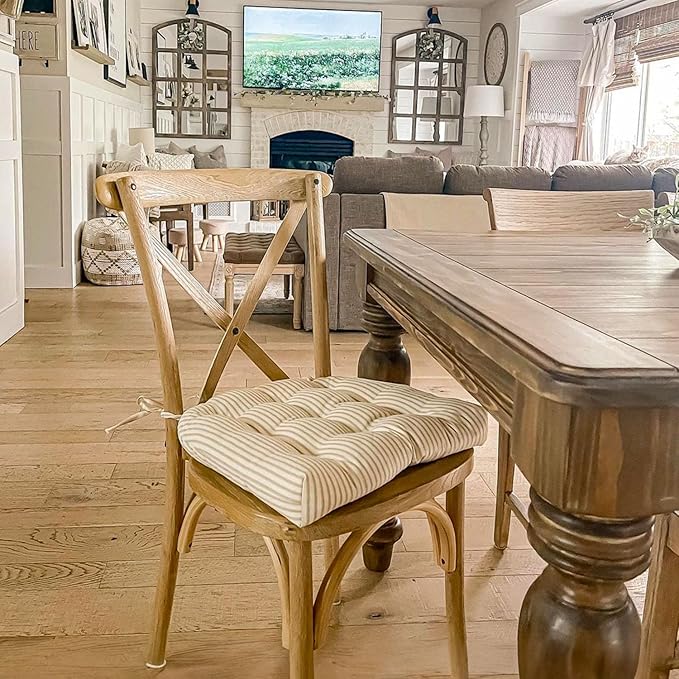 Barnett Home Decor Ticking Stripe Natural Dining Chair Pad with Ties - 15 x 17 Size Small Chair Cushion - Latex Foam Fill - Machine Washable, Reversible, 100% Cotton, Made in USA (Beige Ivory)