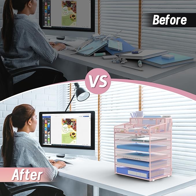 6 Tier Mesh Desk Organizer,Multi Functional Letter Paper Tray with 3 Pen Holders and 5 Adjustable Storage Compartments for Office Supplies Files and Mail Space Saving Desktop Organizer-Pink