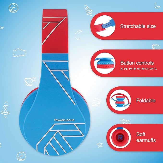 PowerLocus Bluetooth Headphones for Kids, Wireless Foldable Headphones Over Ear, Headphone with Microphone, 85DB Volume Limit, Wireless and Wired Headset with Micro SD, FM for Cellphones, Tablets, PC