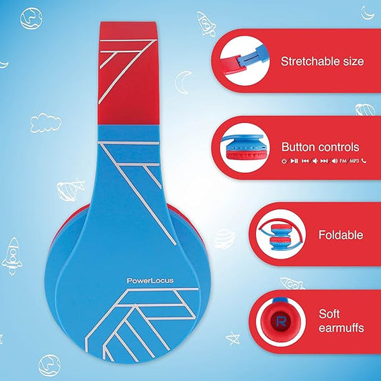 PowerLocus Bluetooth Headphones for Kids, Wireless Foldable Headphones Over Ear, Headphone with Microphone, 85DB Volume Limit, Wireless and Wired Headset with Micro SD, FM for Cellphones, Tablets, PC