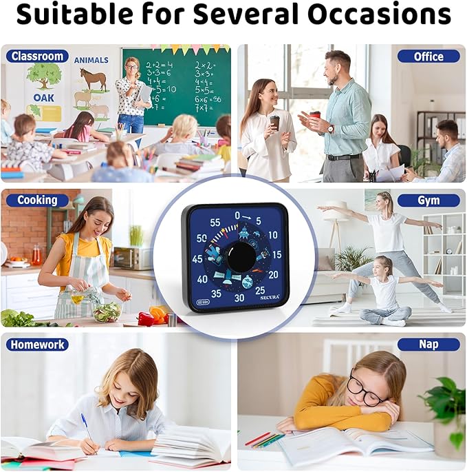 Secura 7.5-Inch Astronaut Pattern Visual Timer for Kids, 60-Minute Countdown Timer for Classroom or Kitchen, Durable Mechanical Timer Clock with Magnetic Backing (Black)