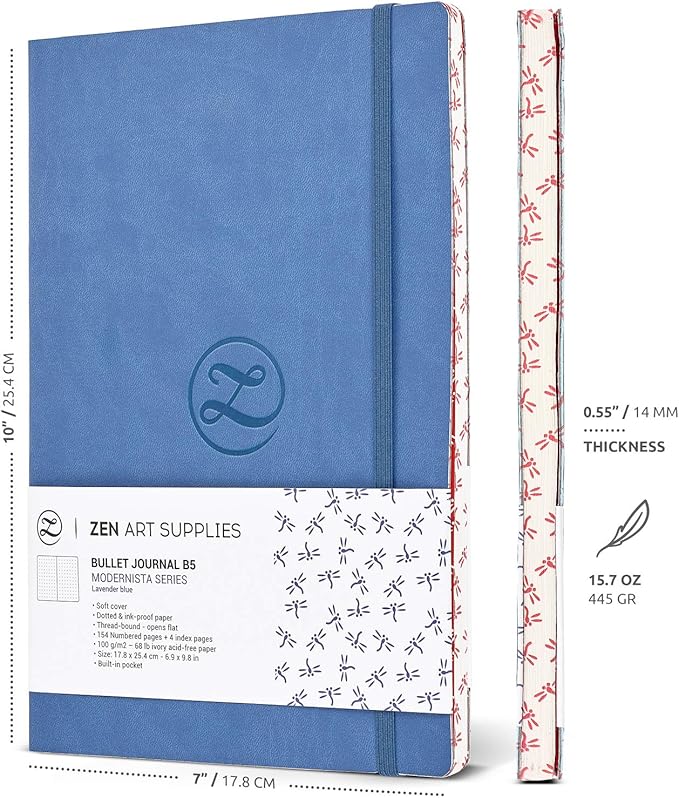 Large B5 Dotted Journal - Enjoy Bullet Journaling with a Soft Cover 7x10-inch, Non-Bleed Thick 120gsm Paper, Dot Journal in Blue, Japanese Edge Motif - Faux Leather Lay Flat Dot Grid Notebook - ZenART