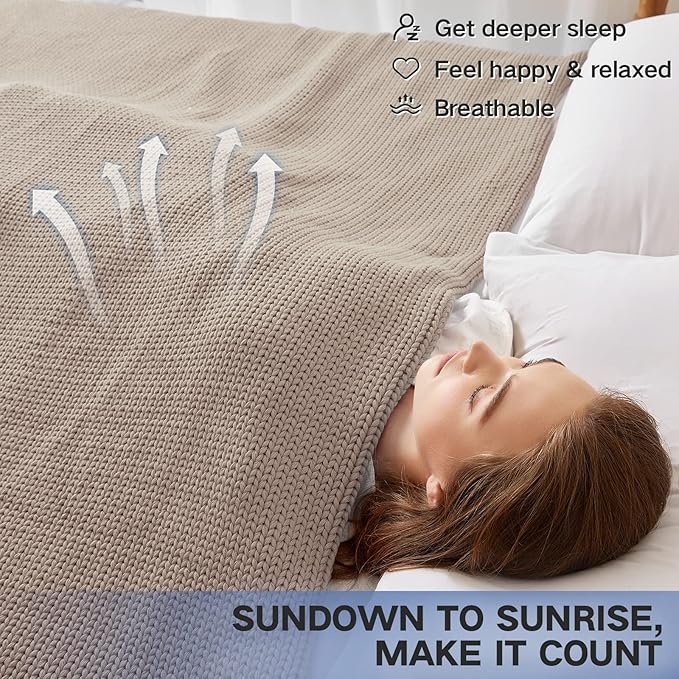 Guohaoi Knitted Weighted Blanket for Adults (Beige 60"x80" 17lbs) No Beads Cooling Throw Blanket for Hot Sleepers, Home Decor Breathable Chunky Knit Heavy Blanket Use on Queen/King Size Bed