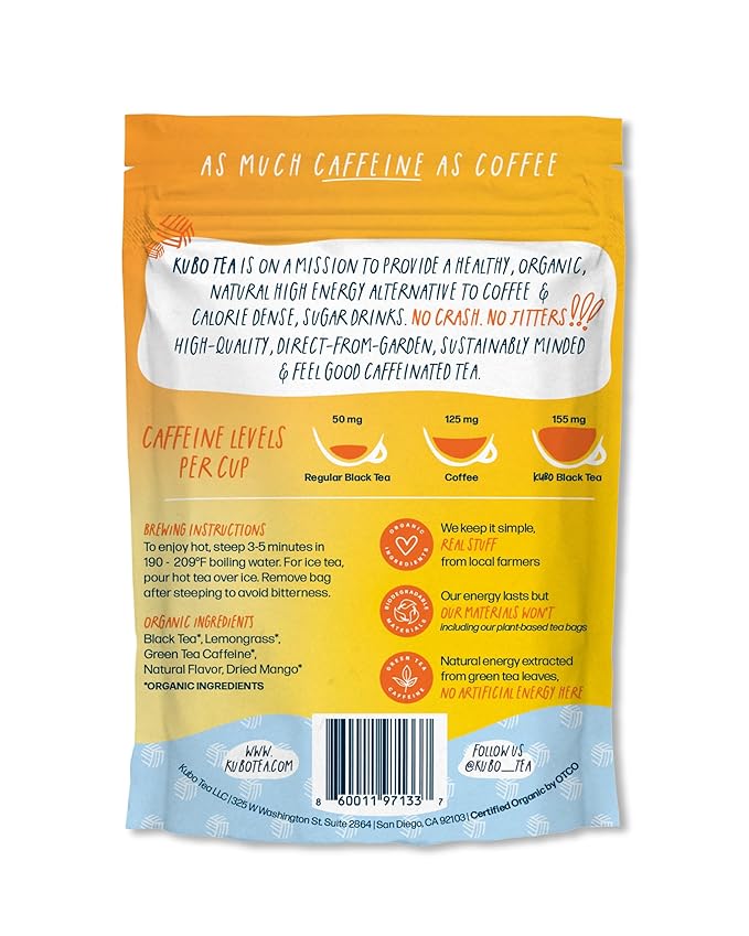 Kubo Tea Lemon Mango Black Tea - Organic High Caffeine Energy Blend - 20 Pyramid Tea Bags (155mg Caffeine each) - Healthy Sugar Free Coffee Substitute for Hot and Iced Drinks - Biodegradable Packaging