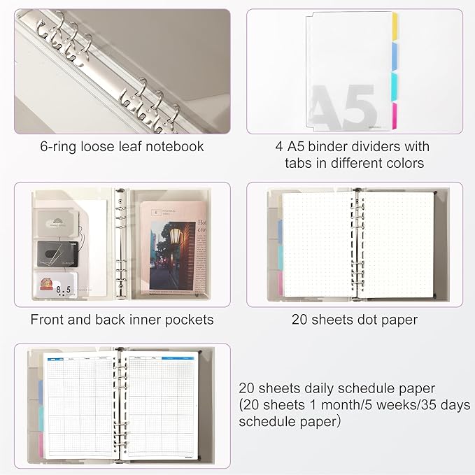 CAGIE A5 Binder 6 Ring Notebook with Dividers Refillable Planner Binder with Pockets, Refill Paper Include Planning Square Ruled and Dotted Pages (Purple and Blue, 2 Pcs A5 Daily&Dot Page)