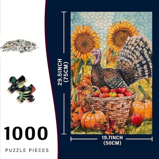 1000 Piece Wooden Jigsaw Puzzle Fall Turkey for Adults & Kids Challenging Brain Teaser for Family Bonding Stress Relief Focus Trainer & Educational Toy 29.5x19.7 Inch