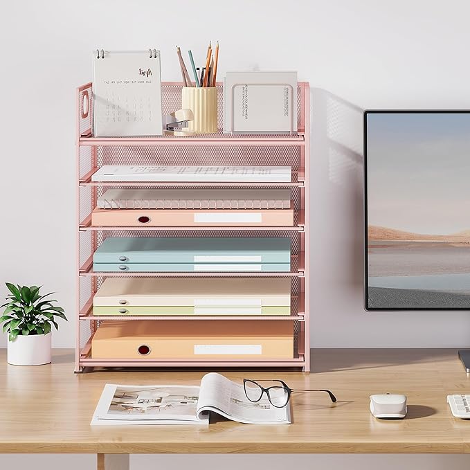 Subekyu 6 Tier Office File Paper Desk Tray Organizer with Handle, Stackable Slide Mesh Letter Tray Folder Pink Desk Organizer, Desktop Document Sorter for Classroom, Office, Home Supplies Storage