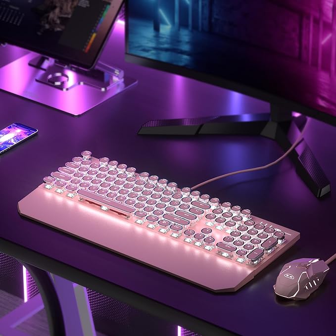 Retro Pink Typewriter-Style Keyboard and Mouse Combo, Cute Light Up Wired Mechanical Keyboard with Linear Red Switches, Full Size for Gaming, Work, Mac, PC, Windows