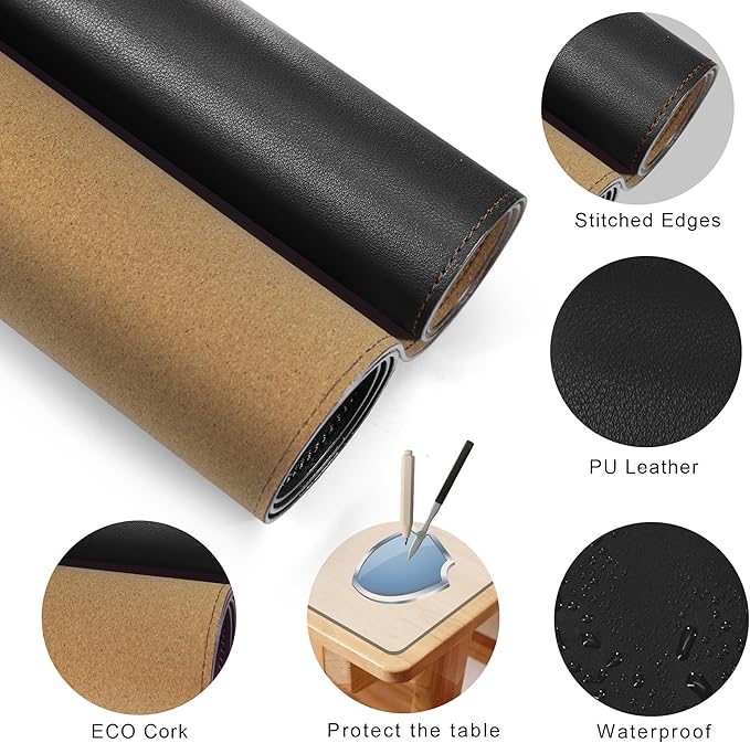 MAIDERN 70.8”x 23.6” Leather Desk Mat, Large Desk Pad, Reversible Cork & Leather Large Mouse pad for Desk, Waterproof Computer Desk Mat for Gaming Home Office (Black) …
