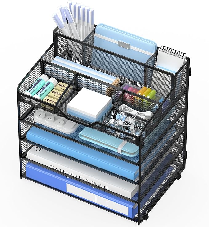 5 Tier Mesh Desk Organizer,Multi Functional Letter Paper Tray with 3 Pen Holders and 5 Adjustable Storage Compartments for Office Supplies Files and Mail Space Saving Desktop Organizer-Black