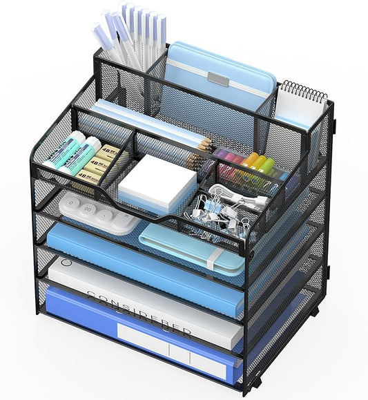 5 Tier Mesh Desk Organizer,Multi Functional Letter Paper Tray with 3 Pen Holders and 5 Adjustable Storage Compartments for Office Supplies Files and Mail Space Saving Desktop Organizer-Black