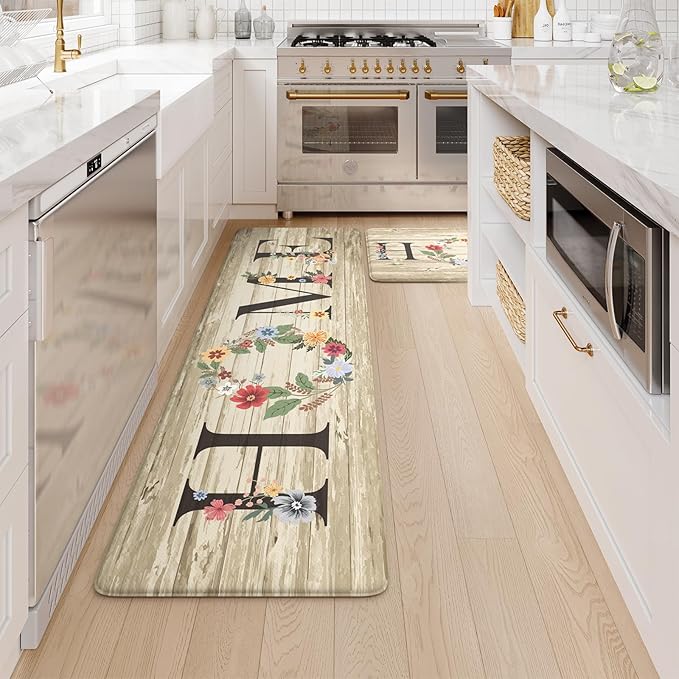 KIMODE Kitchen Floor Mats Cushioned Anti Fatigue,Farmhouse Floral Rugs Sets of 2,Memory Foam Carpet Non Slip,Long Sink Runner for Bathroom Laundry Office,Beige 17"x59"+17"x29"