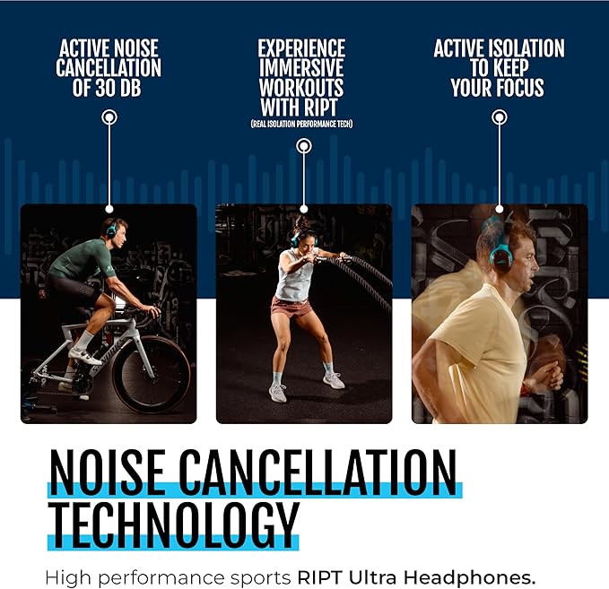 RIPT Ultra Over-Ear Sport Headphones, Active Noise Cancellation and Transparency Mode, 50-Hour Battery Life, 2 Sets of Cushions, Sweat-Proof Silicone and Leatherette, Premium Sound, Waterproof