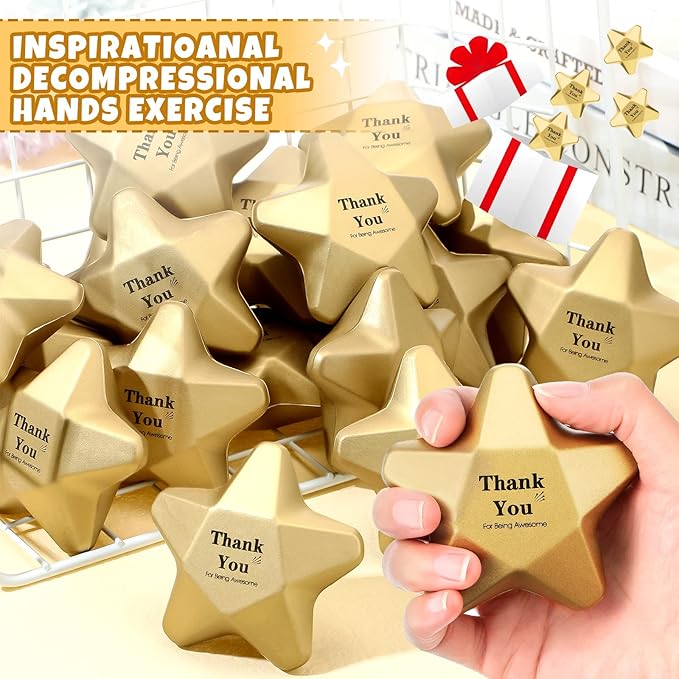 Deekin 24 Pieces 3.1 Inch Star Stress Balls Gold Mini Foam Ball Star Stress Toys Bulk Stress Relief Gifts for Coworkers Adult Goodie Bag Stuffers Teen Party Favors School Office Award(Thank)