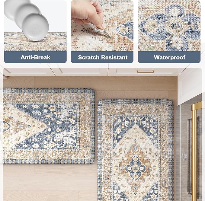KIMODE Anti Fatigue Kitchen Mat 20"x39", Boho Vintage Kitchen Rug, Non Slip Kitchen Mats for Floor, Cushioned Kitchen Floor Mats, Standing Desk Mat for Sink, Laundry, Office, Desk Blue and Gold