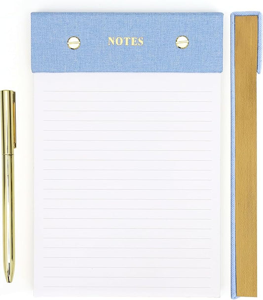 ELYN Lined Notepad, Aesthetic Linen Memo Pad with Matching Gold Gel Pen, 125 Sheets, 8.1 x 5.3 in - 100 GSM Premium Thick Paper, Perforated Pages & Hard Linen Backing, for Work, School or Home (Blue)