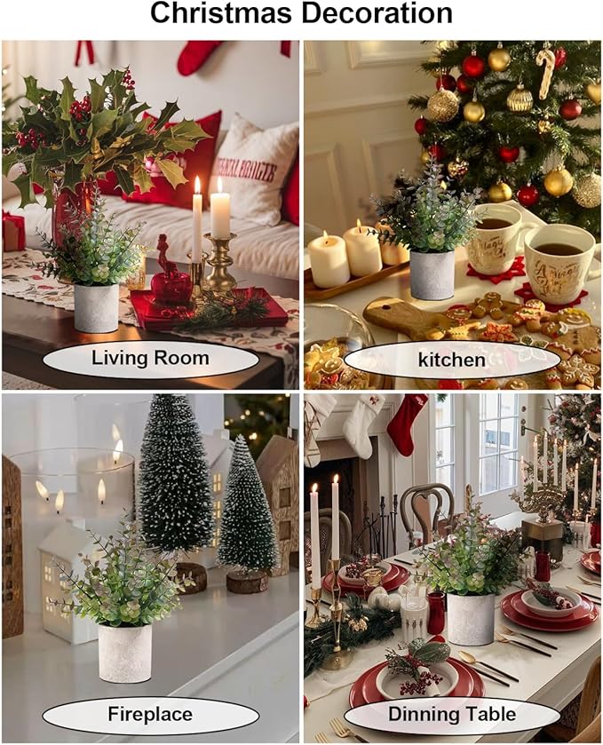 2 Pack Small Fake Plants Christmas Plants Eucalyptus Potted Artificial Plants for Home Indoor Fireplace Mantel Shelf Desk Home Bathroom Farmhouse Room Coffee Christmas Table Decor Xmas Decor (Purple)