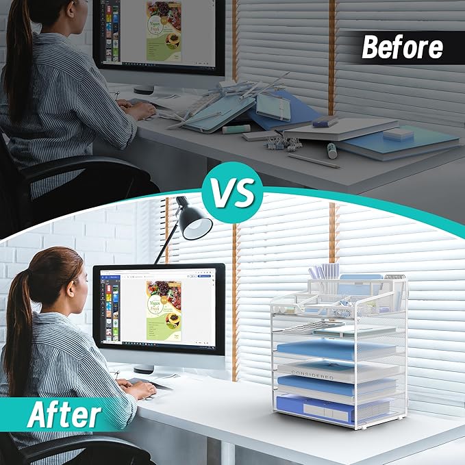 6 Tier Mesh Desk Organizer,Multi Functional Letter Paper Tray with 3 Pen Holders and 5 Adjustable Storage Compartments for Office Supplies Files and Mail Space Saving Desktop Organizer-White