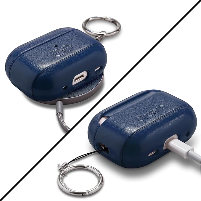 Dreem Om Case Cover with Keychain Clip Compatible with AirPods Pro 2/Pro, Protective One-Piece Hard Shell, Luxury Vegan Leather AirPod Pro Case 2nd/1st Generation with Separate Clip [Royal]