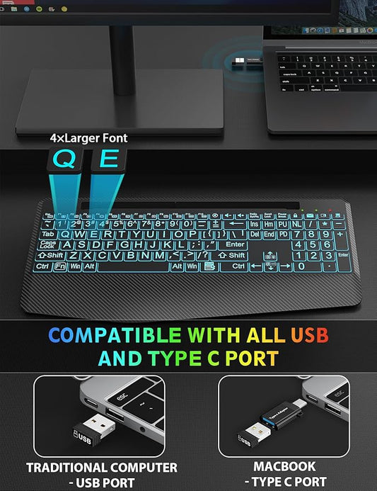 Wireless Keyboard and Mouse Backlits, Wrist Rest, LED Mouse, Rechargeable Ergonomic Keyboard with Phone Holder, Silent Light Up Combo for Computer, Mac, PC, Laptop, Chromebook (Black Large Print)