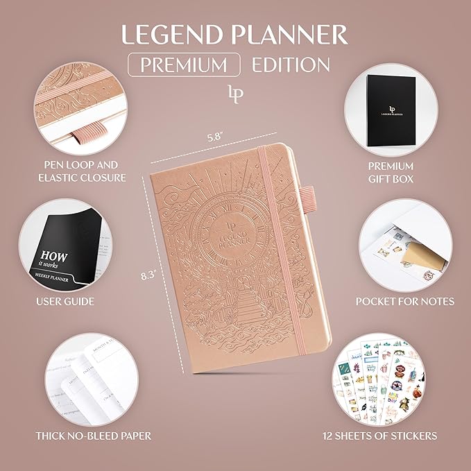 Legend Weekly Planner Premium – Undated Weekly, Monthly & Budget Planner – Life Organizer for Time Management & Productivity, A5 (Rose Gold, New Cover)