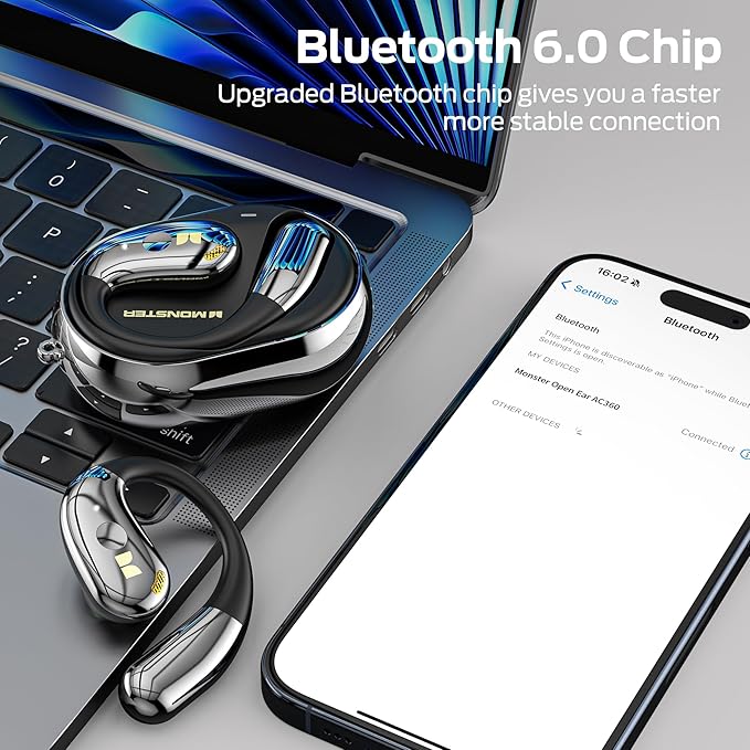 Monster Open Ear AC360, Wireless Bluetooth Rotary Earphone, with Lanyard, Upgraded Bluetooth 6.0, Touch Control, 24h Long Battery Life, IPX5 Waterproof,Long-Lasting Wear Without Fatigue