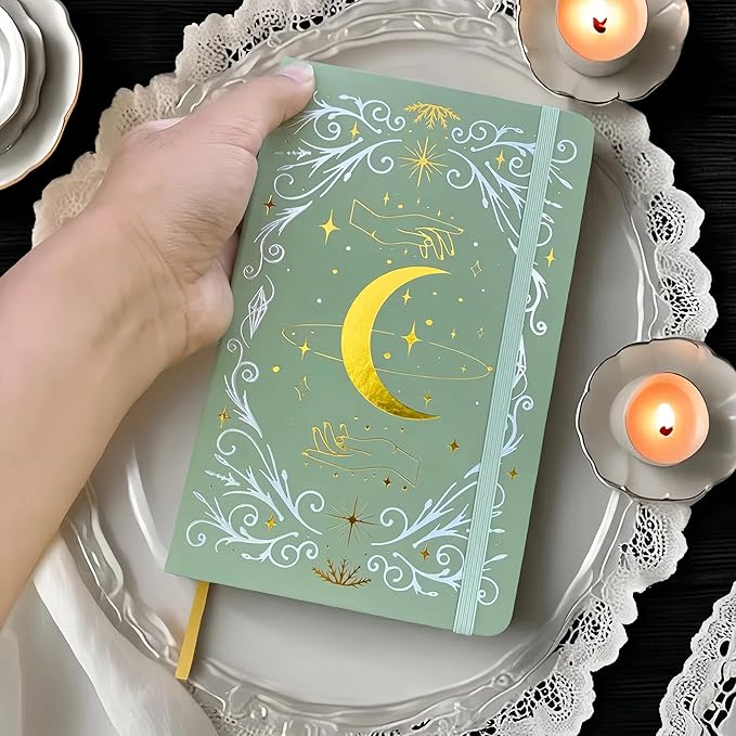 BUKE A5 Dotted Journal – 160gsm Ultra Bamboo Paper, Moon & Star Foil Cover, Flat Lay Notebook with Gift Box – 160 Pages, 5mm Dot Grid, Faux Leather Hardcover (Matcha Green)