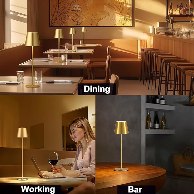 2 Pack Gold Cordless Table Lamp Rechargeable, Metal Small Bedside Table Lamp with 3 Adjustable Pole, 5400mAh Battery Operated Touch Lamp for Bedroom Kitchen Dining Waterproof & Portable