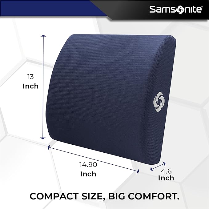 Samsonite Ergonomic Lumbar Support Pillow for Office Chair and Car Seat - Memory Foam Back Support Lumbar Pillow Premium Cushion Chair Support for Lower Back Pain Relief and Versatile Use (Dark Blue)