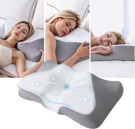 Supportive Cooling Pillow for Comfortable nap time Sleep Quality; an Ergonomic Memory Foam Pillow for Shoulder and Neck Pain Relief, Perfect for Side Sleepers(White Grey)