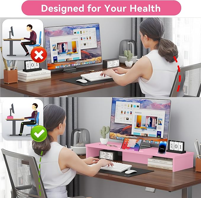 Dual Monitor Stand Riser with LED Lights and Phone Tablet Holder, 35.8in Large Monitor Stand for Desk, Computer Monitor Stand for 2 Monitors, Desktop Shelf Organizer for Laptop, Printer, TV