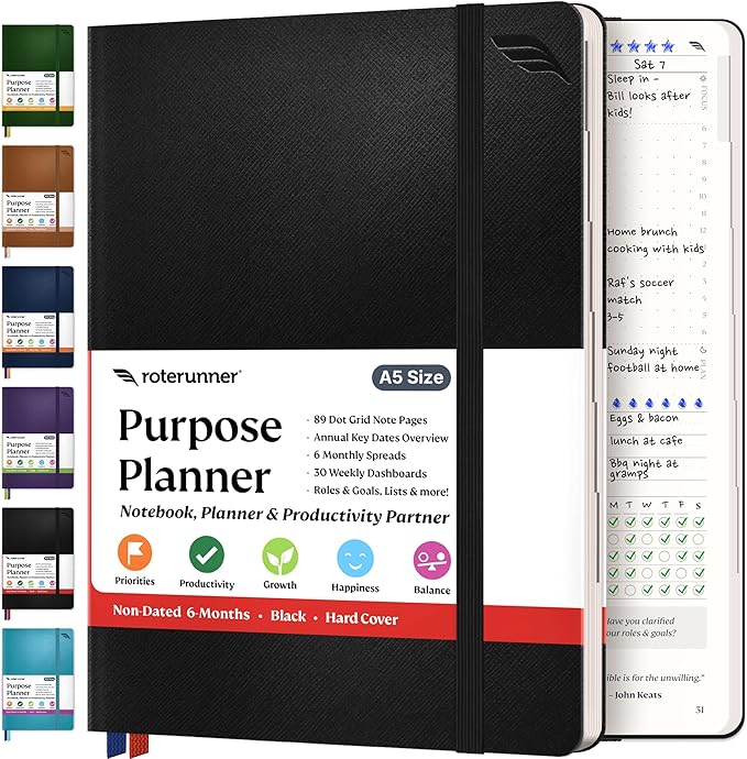 Roterunner Purpose Planner Notebook A5 5.8”x8.3” Undated 2025 Daily Weekly and Monthly Productivity Goal Setting Tool for Work Home ADHD Planner for Adults Self Care Journal (Black Hardcover)