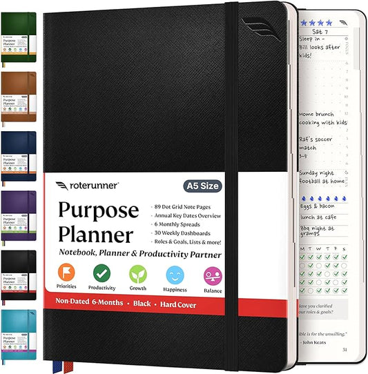 Roterunner Purpose Planner Notebook A5 5.8”x8.3” Undated 2025 Daily Weekly and Monthly Productivity Goal Setting Tool for Work Home ADHD Planner for Adults Self Care Journal (Black Hardcover)